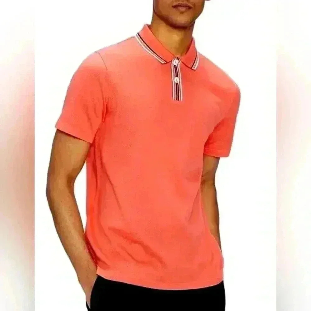 Ted Baker London Mens Coral Orange Tipped Collar Pique Polo Shirt Size 4 Large